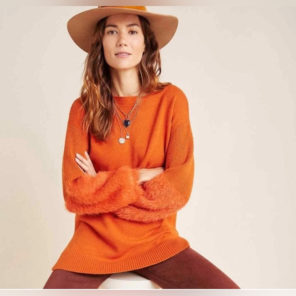 Anthropologie Colma Tunic Sweater Burnt Orange Faux Fur Sleeves Eyelash Cuffs XS